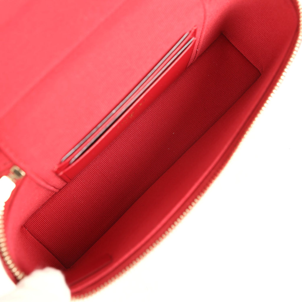 Top Handle Long Vanity Case with Chain Red Shiny Caviar Light Gold Hardware