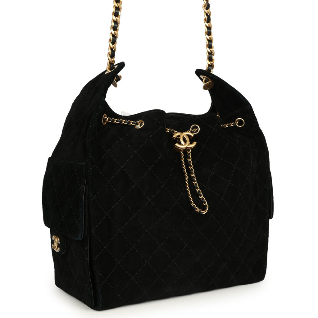 Medium 25 Hobo Bag Black Suede Antique Gold Hardware