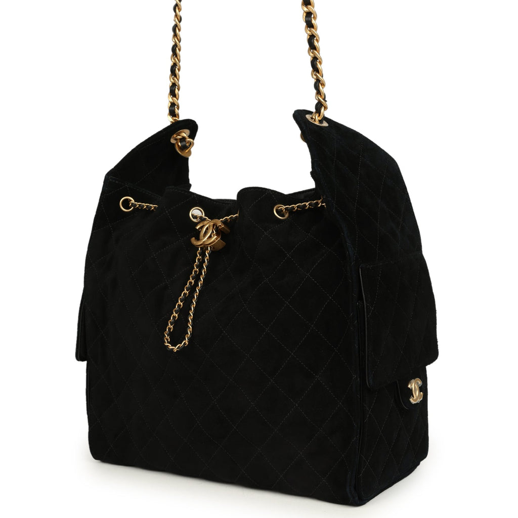 Medium 25 Hobo Bag Black Suede Antique Gold Hardware