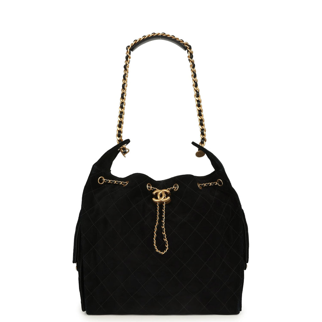 Medium 25 Hobo Bag Black Suede Antique Gold Hardware