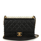 Small Chic Pearls Flap Bag Black Goatskin Antique Gold Hardware