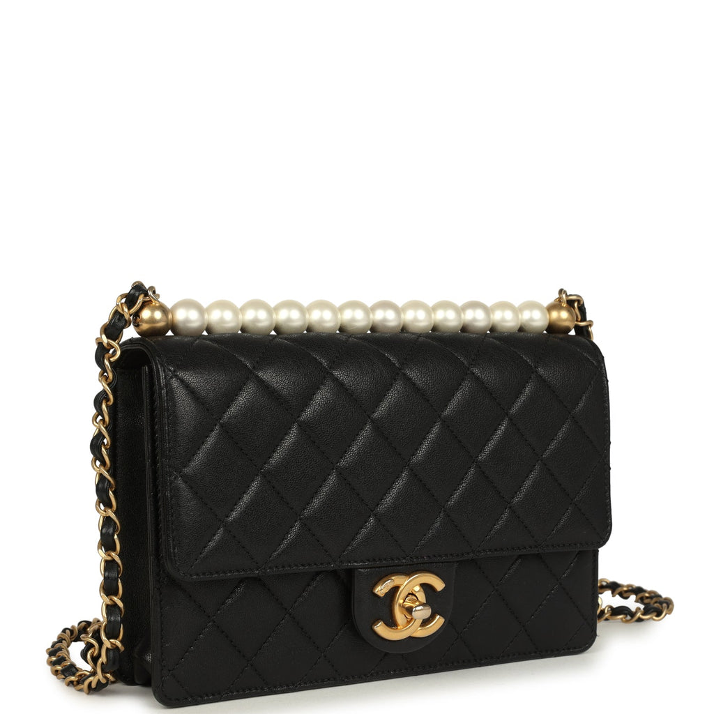 Small Chic Pearls Flap Bag Black Goatskin Antique Gold Hardware