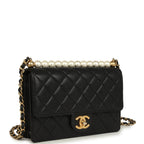 Small Chic Pearls Flap Bag Black Goatskin Antique Gold Hardware