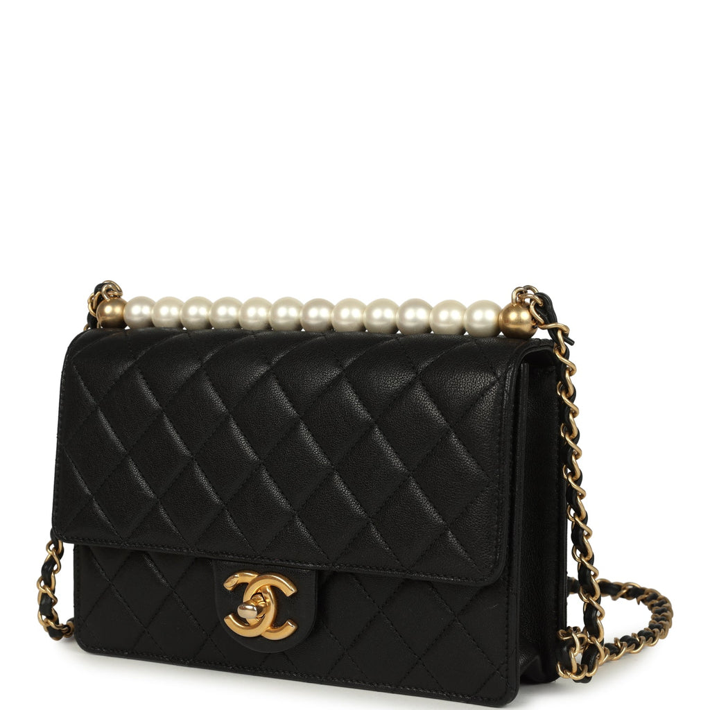 Small Chic Pearls Flap Bag Black Goatskin Antique Gold Hardware
