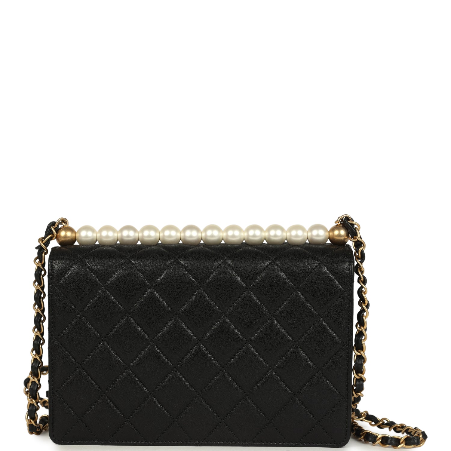 Small Chic Pearls Flap Bag Black Goatskin Antique Gold Hardware