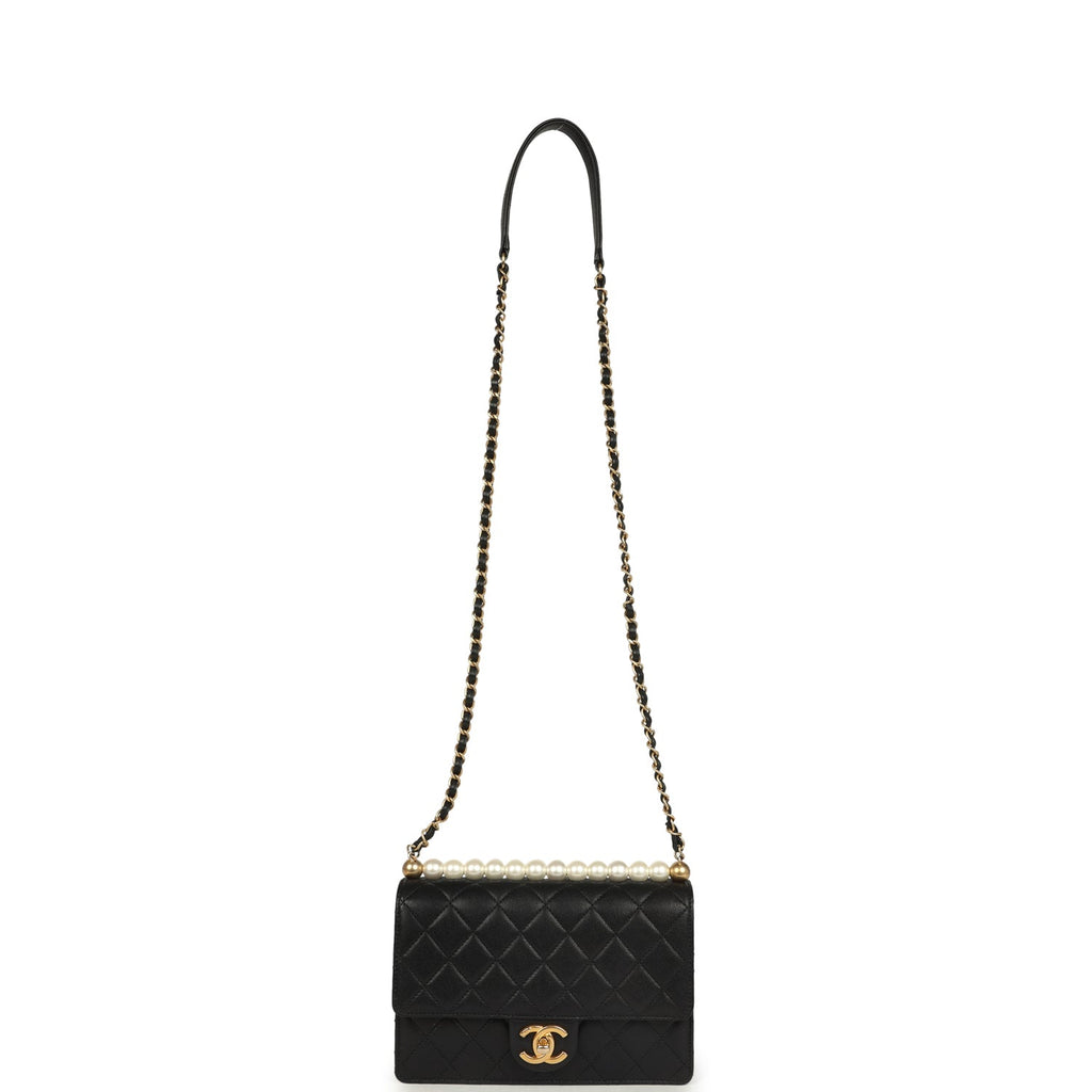 Small Chic Pearls Flap Bag Black Goatskin Antique Gold Hardware