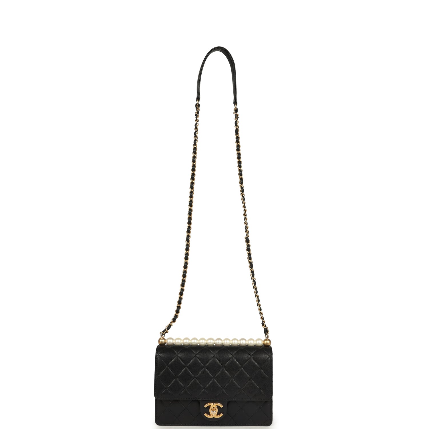 Small Chic Pearls Flap Bag Black Goatskin Antique Gold Hardware