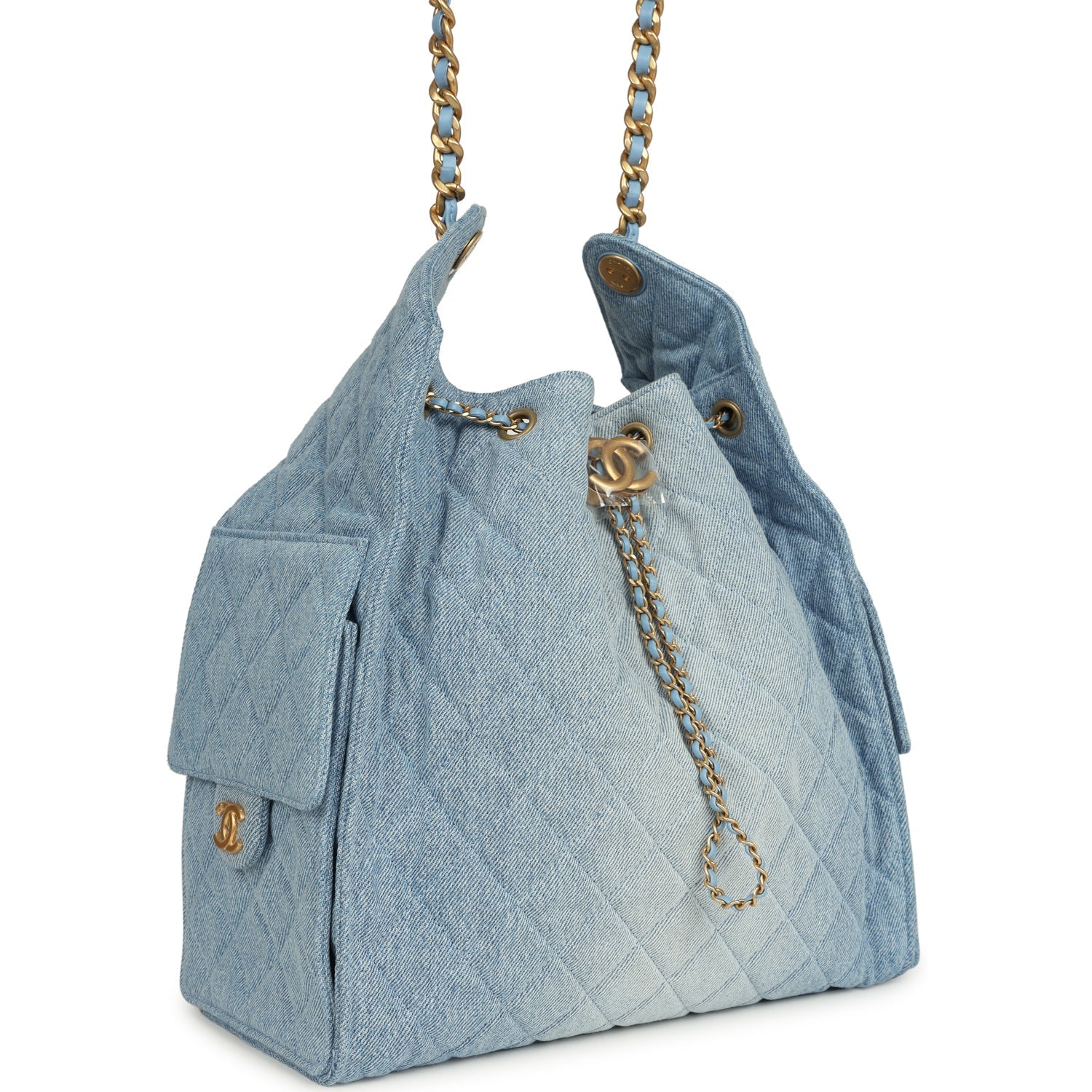 Medium 25 Hobo Bag Light Blue Washed Denim Antique Gold Hardware