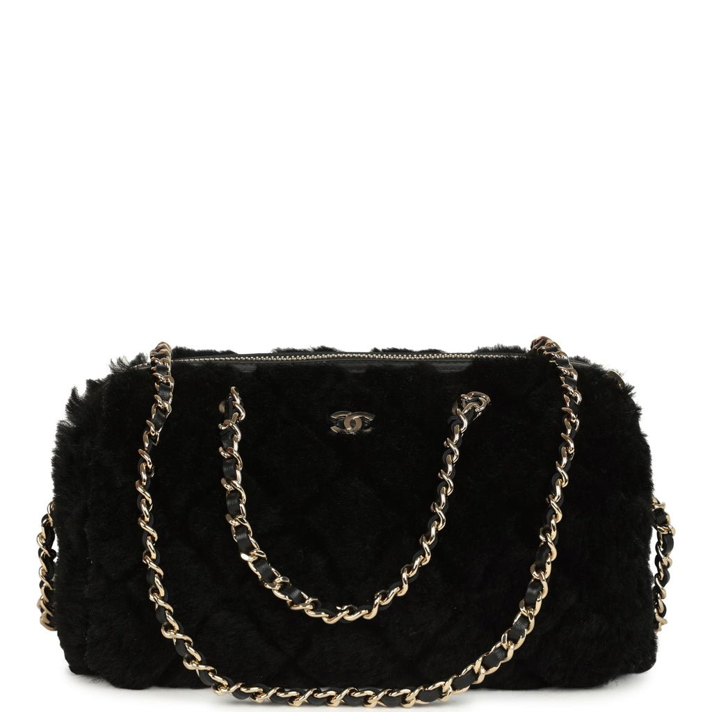 Mini Timeless Classic Barrel Bag with Chain Black Shearling Light Gold Hardware