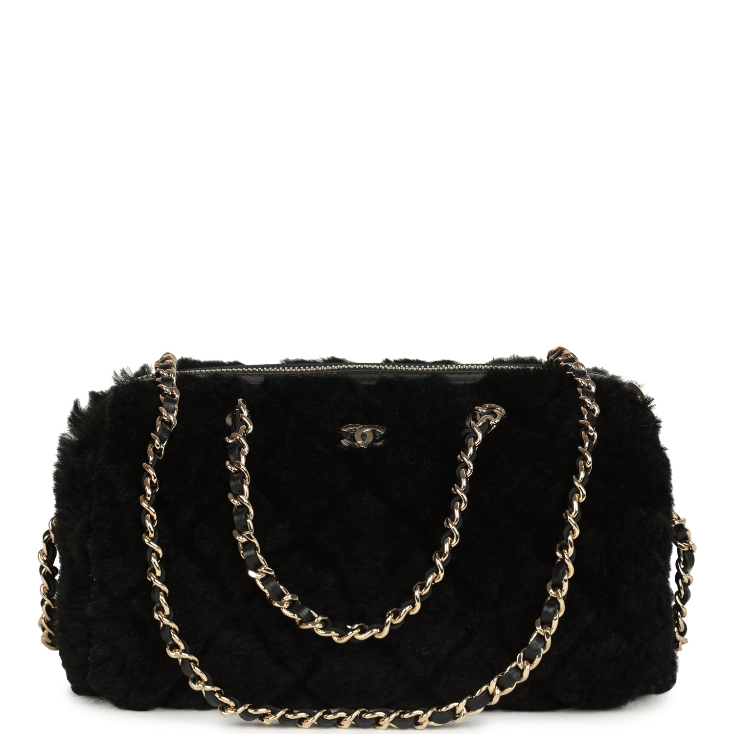 Mini Timeless Classic Barrel Bag with Chain Black Shearling Light Gold Hardware