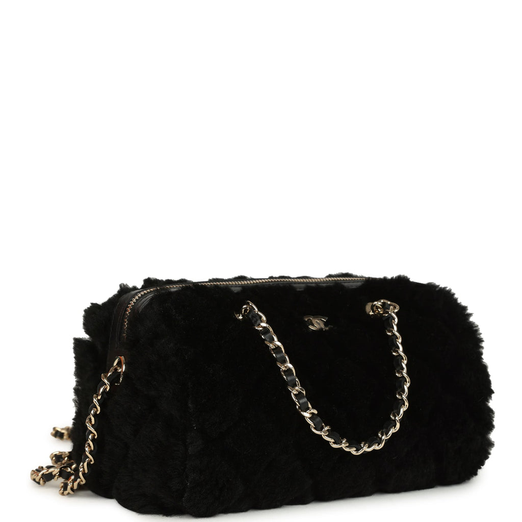 Mini Timeless Classic Barrel Bag with Chain Black Shearling Light Gold Hardware