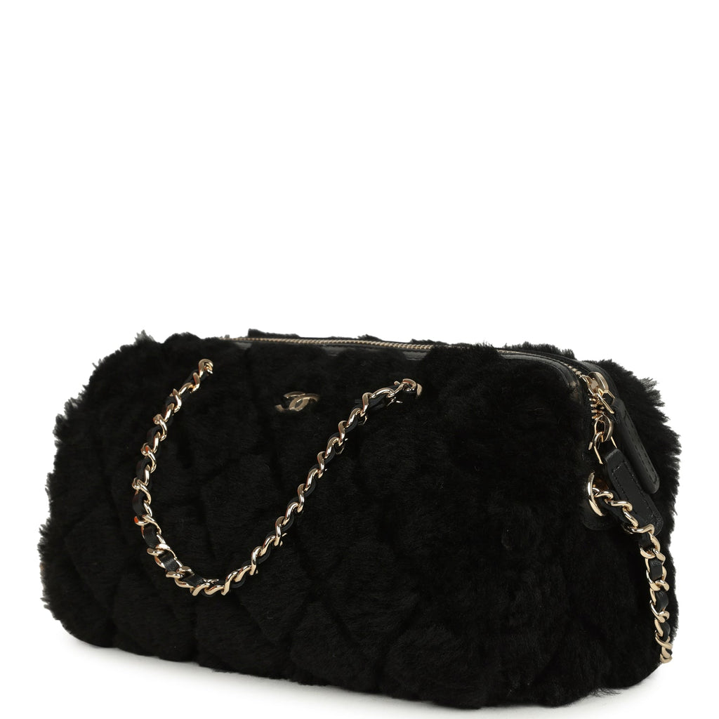 Mini Timeless Classic Barrel Bag with Chain Black Shearling Light Gold Hardware