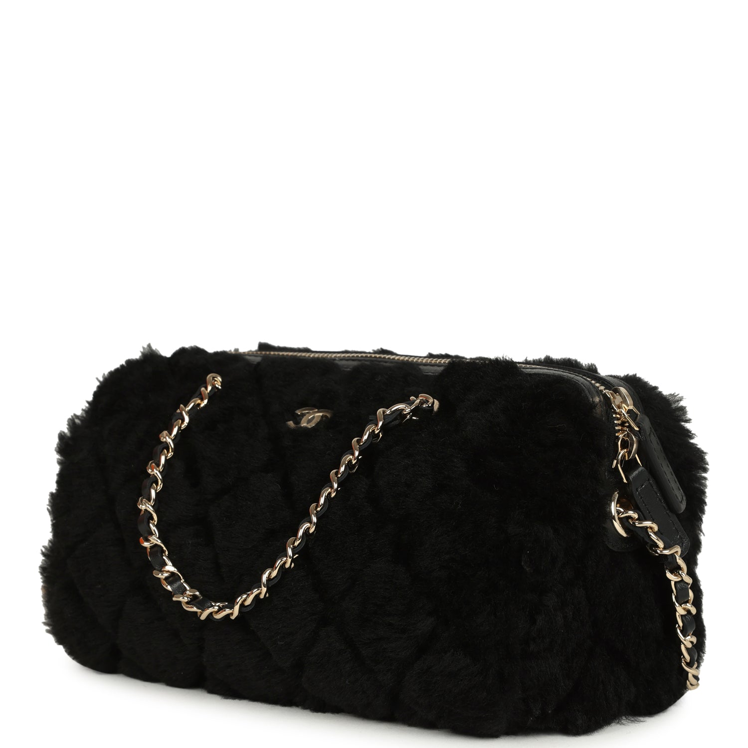 Mini Timeless Classic Barrel Bag with Chain Black Shearling Light Gold Hardware