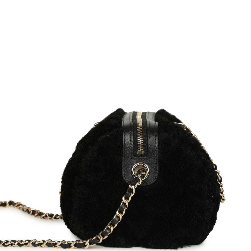 Mini Timeless Classic Barrel Bag with Chain Black Shearling Light Gold Hardware