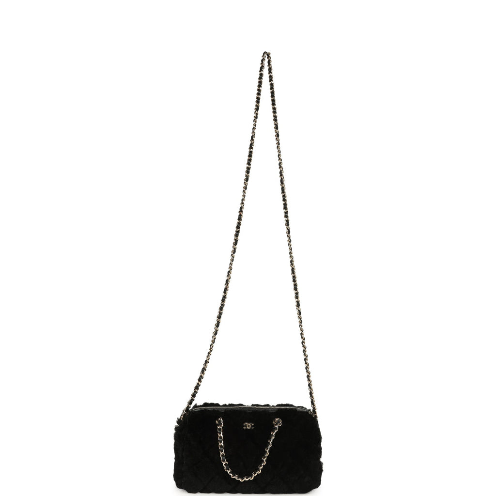Mini Timeless Classic Barrel Bag with Chain Black Shearling Light Gold Hardware