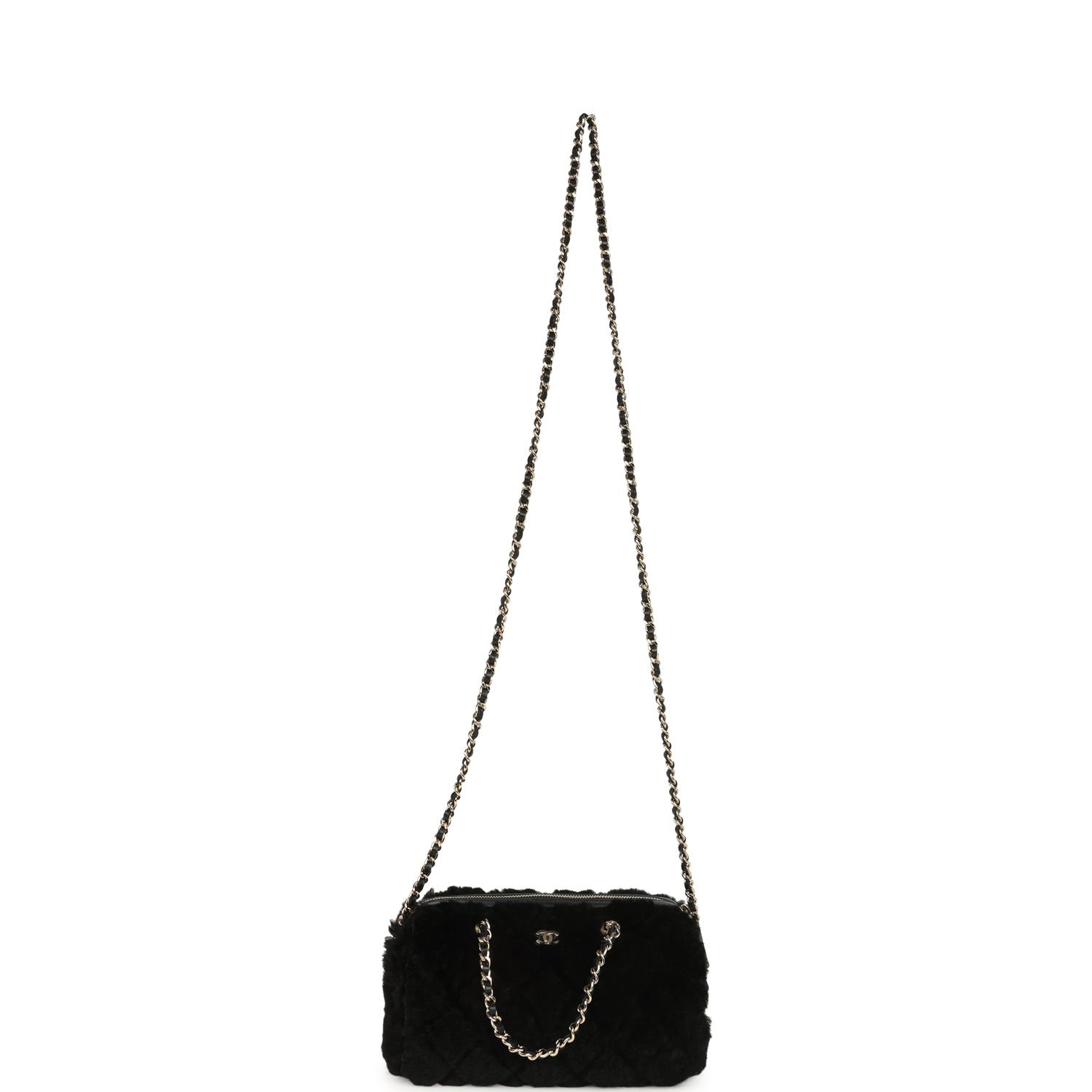 Mini Timeless Classic Barrel Bag with Chain Black Shearling Light Gold Hardware