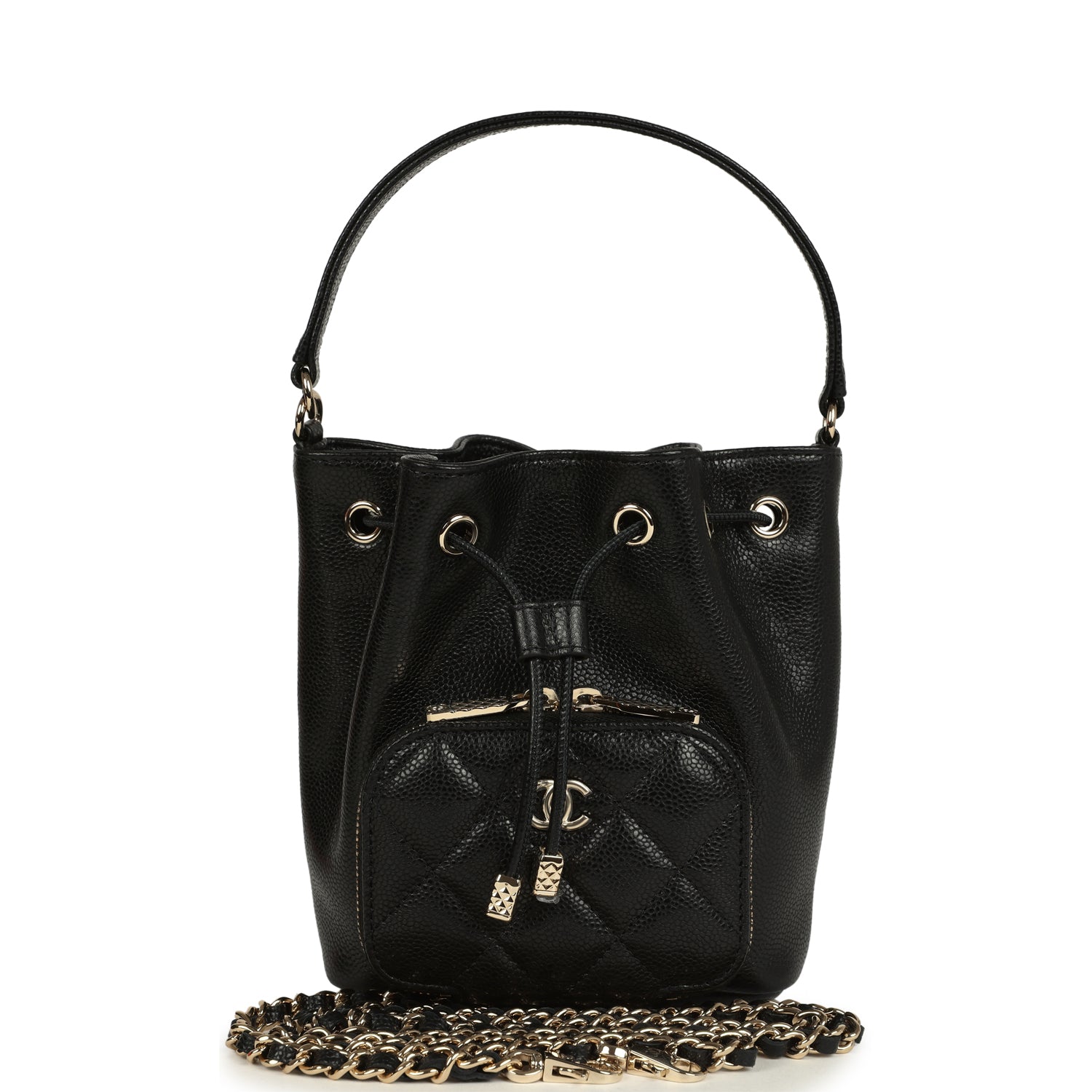 Mini Top Handle Bucket Bag with Chain Black Shiny Caviar Light Gold Hardware