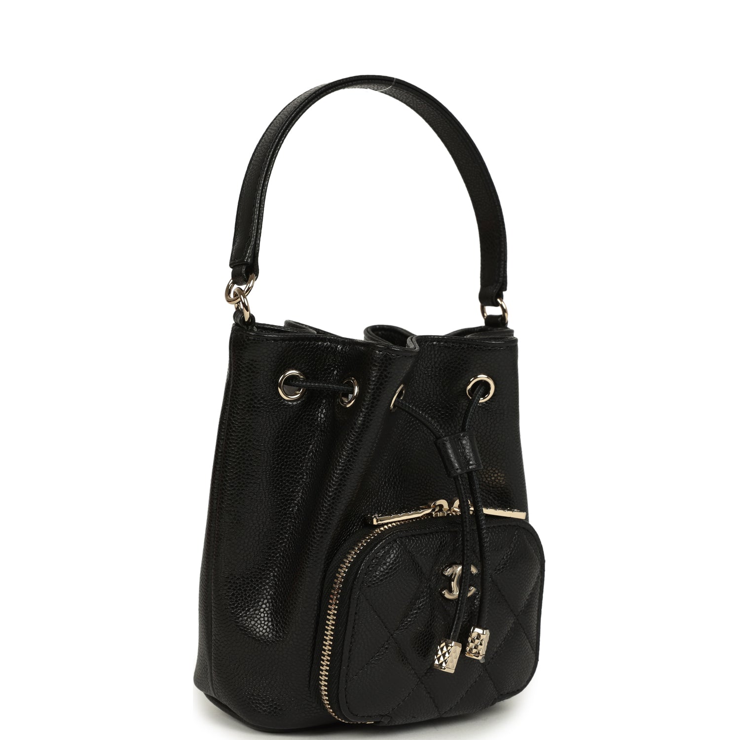 Mini Top Handle Bucket Bag with Chain Black Shiny Caviar Light Gold Hardware