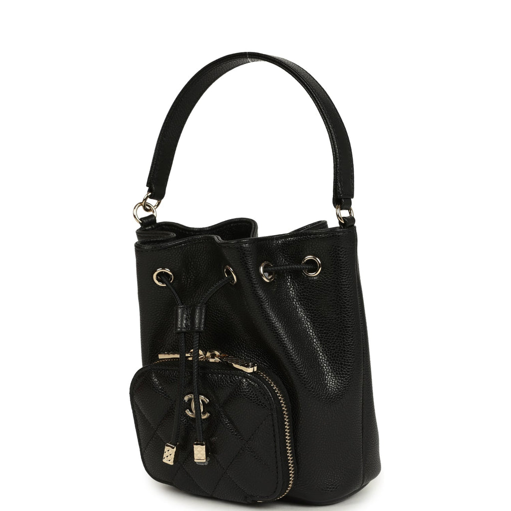 Mini Top Handle Bucket Bag with Chain Black Shiny Caviar Light Gold Hardware