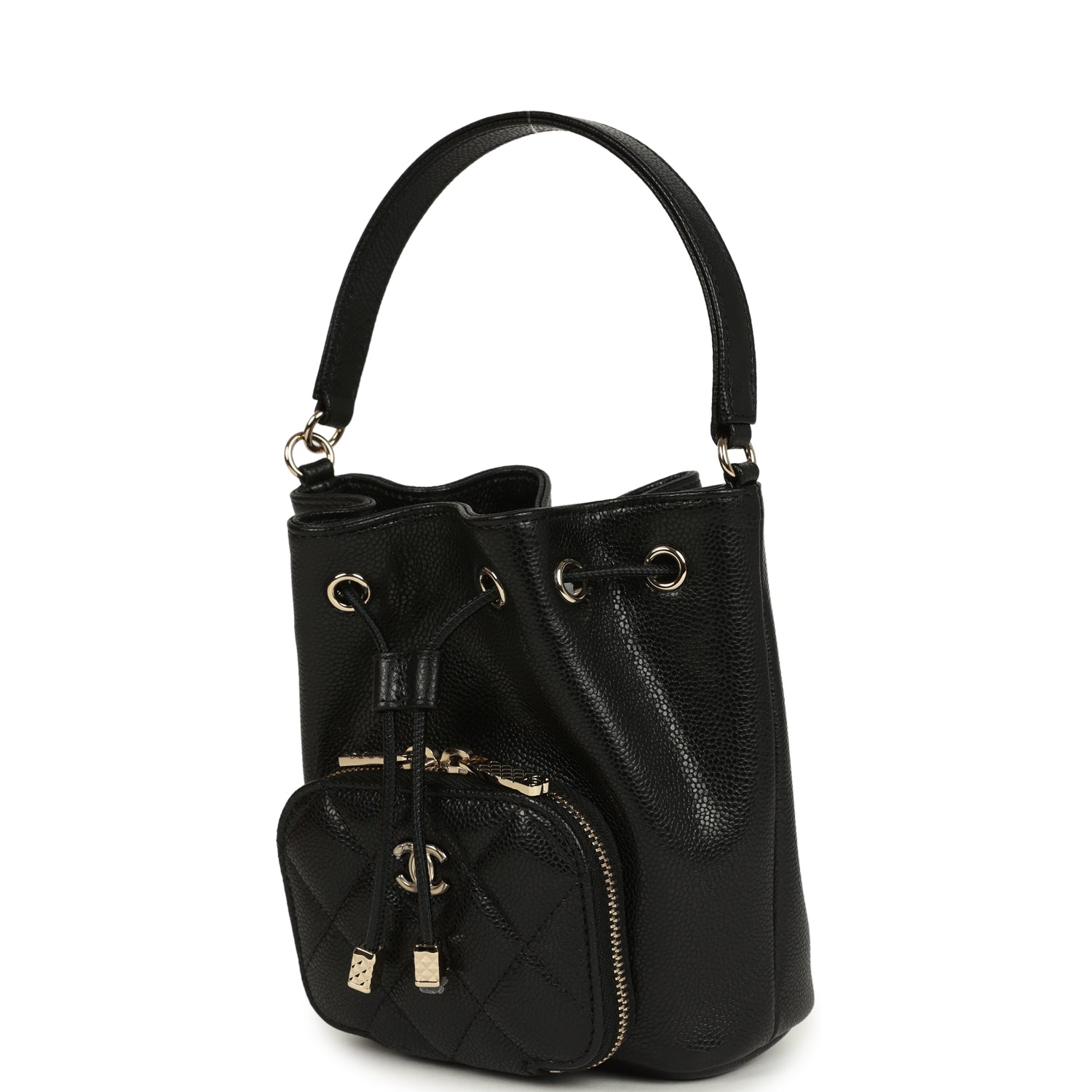Mini Top Handle Bucket Bag with Chain Black Shiny Caviar Light Gold Hardware