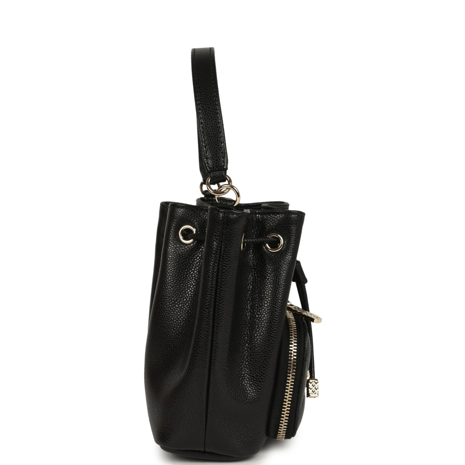 Mini Top Handle Bucket Bag with Chain Black Shiny Caviar Light Gold Hardware