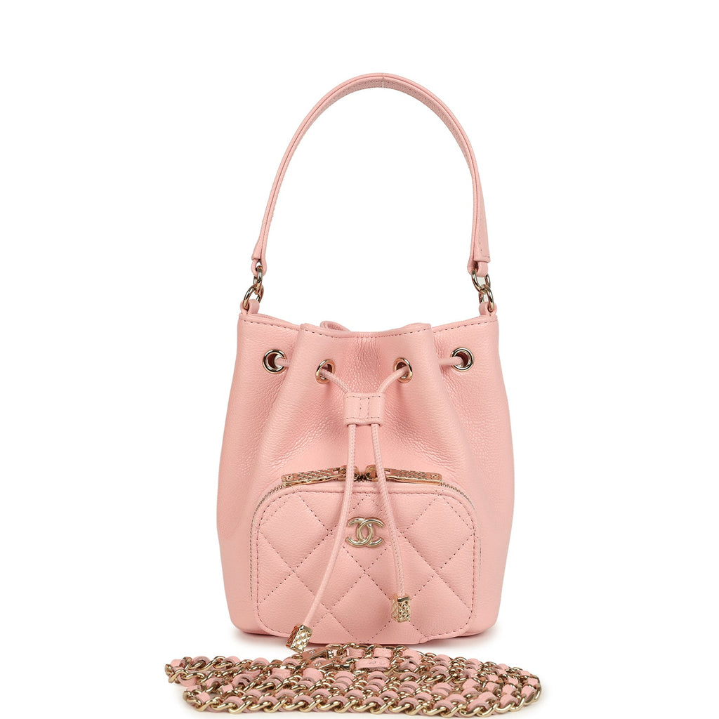 Mini Top Handle Bucket Bag with Chain Pink Shiny Caviar Light Gold Hardware