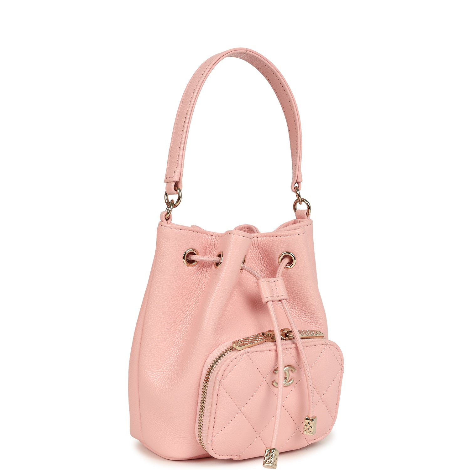 Mini Top Handle Bucket Bag with Chain Pink Shiny Caviar Light Gold Hardware