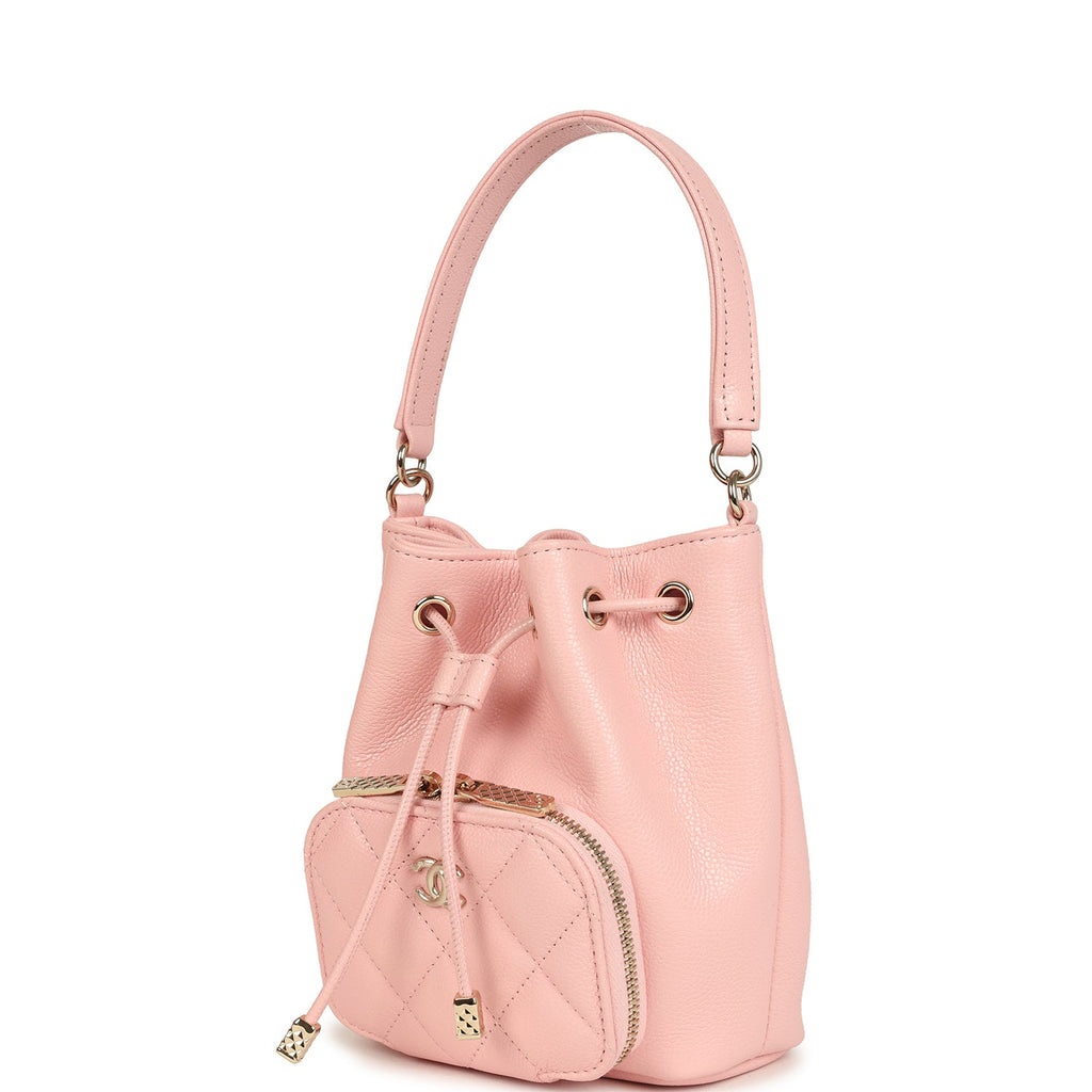 Mini Top Handle Bucket Bag with Chain Pink Shiny Caviar Light Gold Hardware