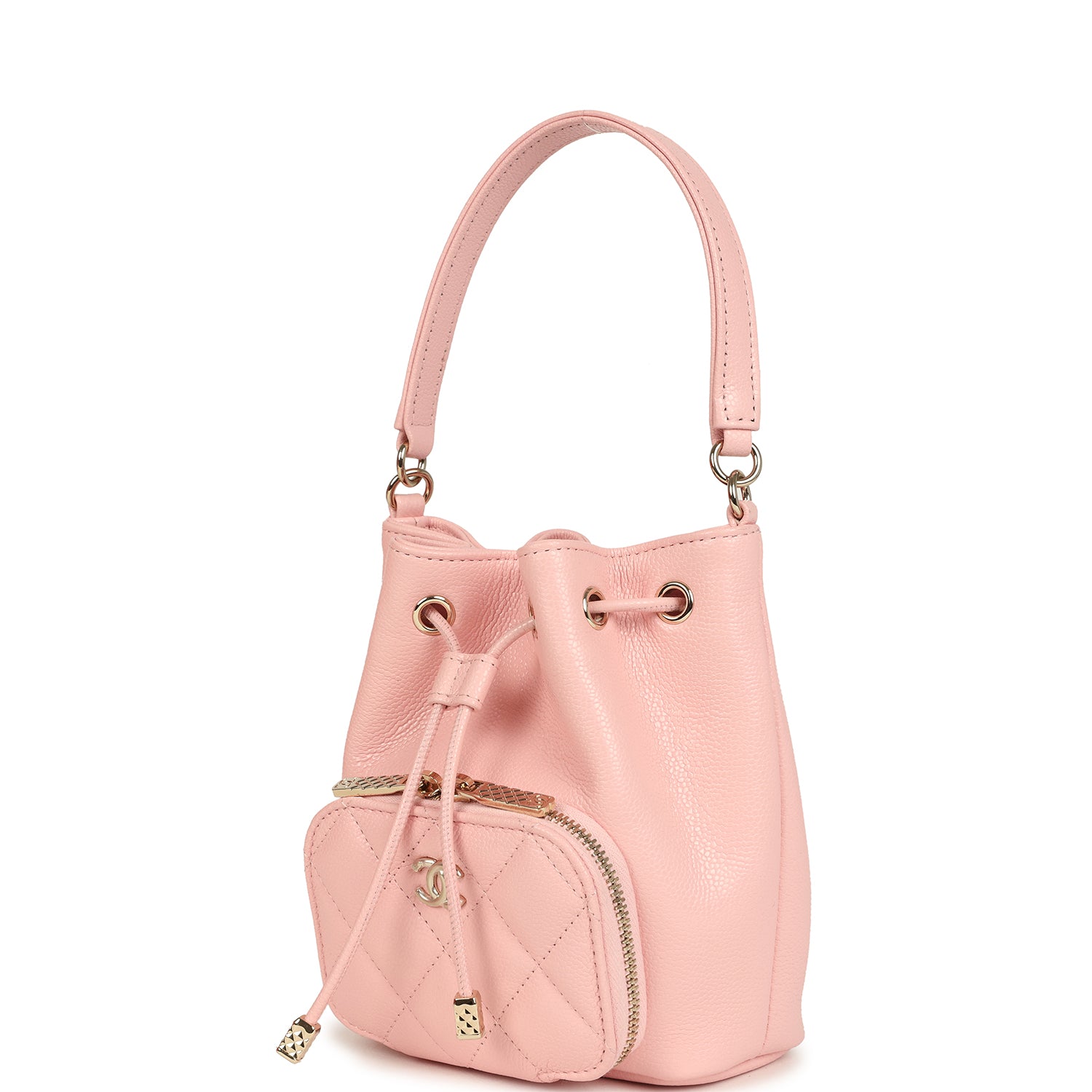 Mini Top Handle Bucket Bag with Chain Pink Shiny Caviar Light Gold Hardware
