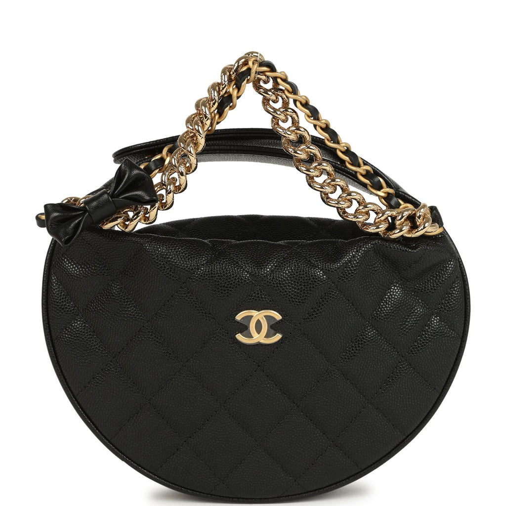 Mini Round Hobo Pouch Bag Black Shiny Caviar Mixed Metal Hardware