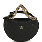 Mini Round Hobo Pouch Bag Black Shiny Caviar Mixed Metal Hardware