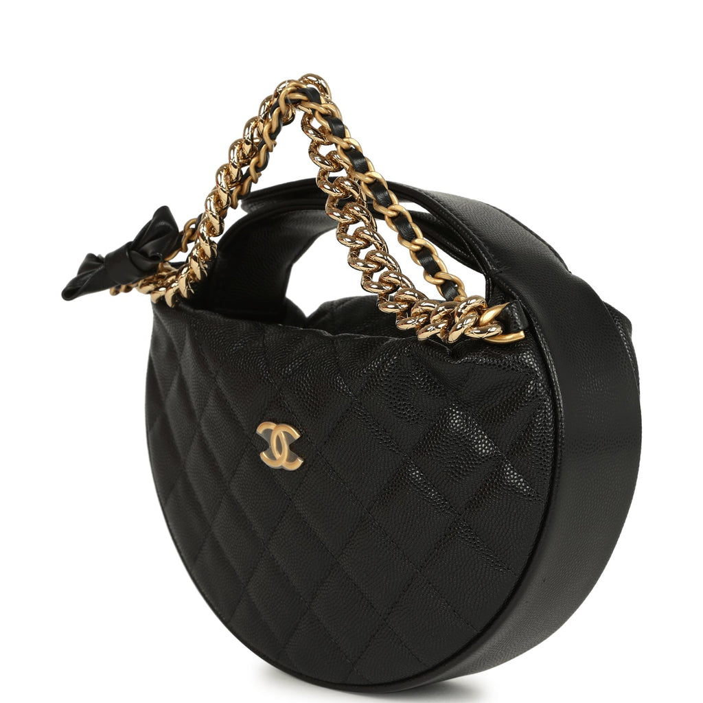 Mini Round Hobo Pouch Bag Black Shiny Caviar Mixed Metal Hardware