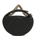 Mini Round Hobo Pouch Bag Black Shiny Caviar Mixed Metal Hardware