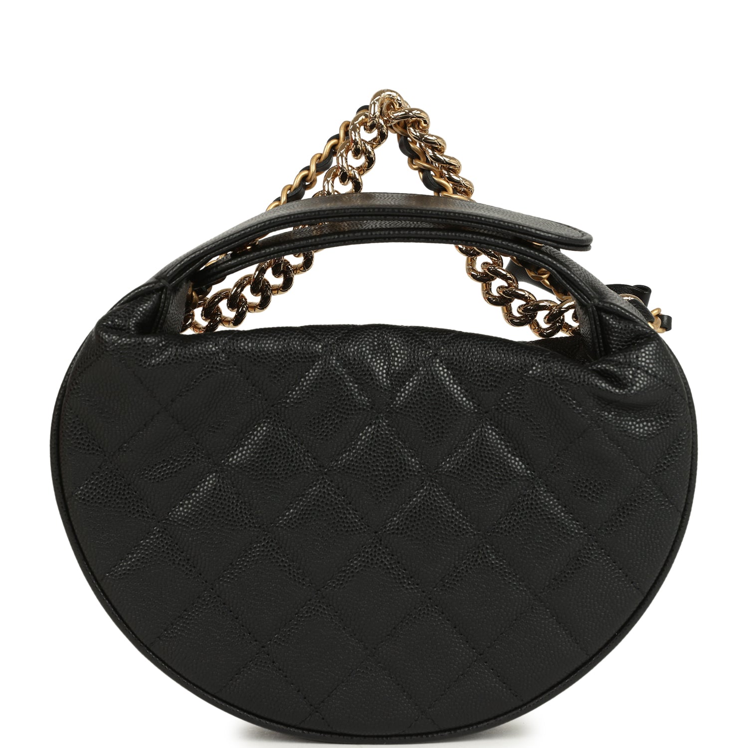 Mini Round Hobo Pouch Bag Black Shiny Caviar Mixed Metal Hardware