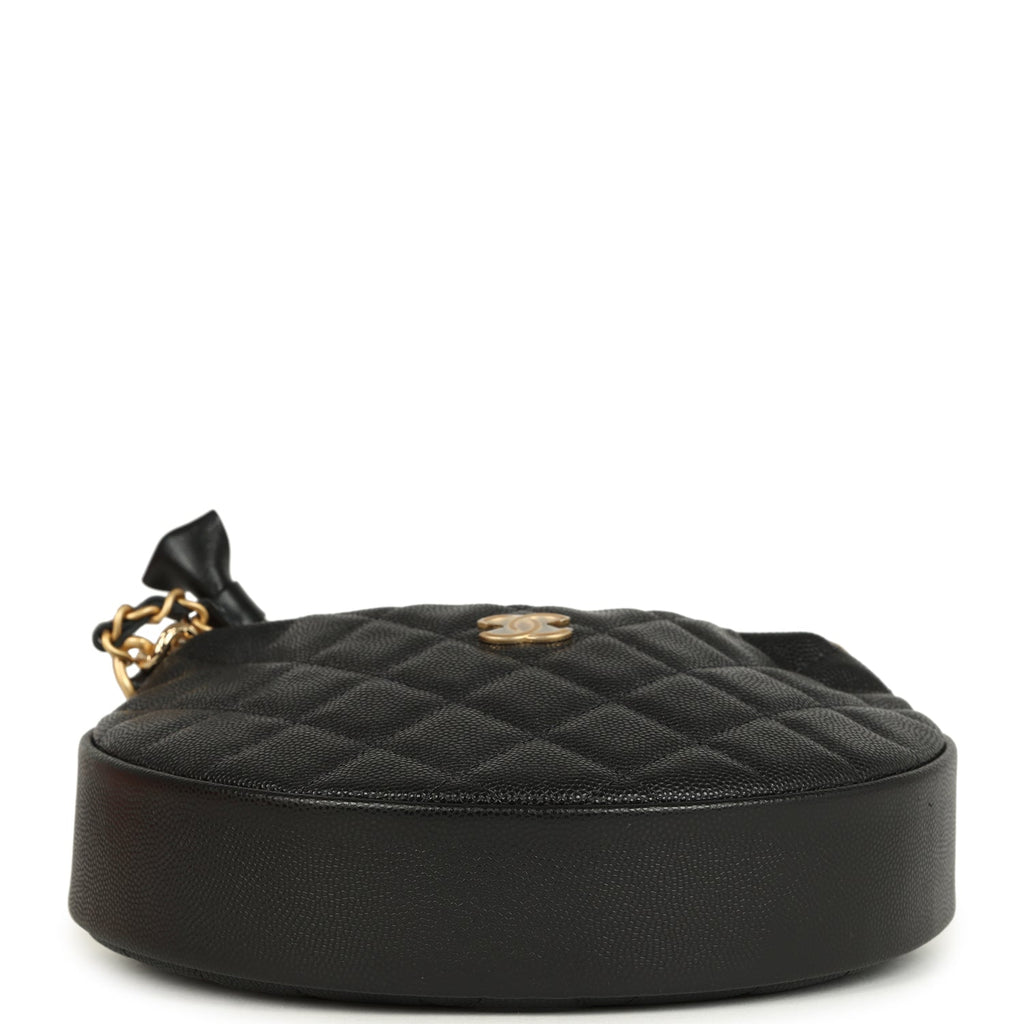 Mini Round Hobo Pouch Bag Black Shiny Caviar Mixed Metal Hardware