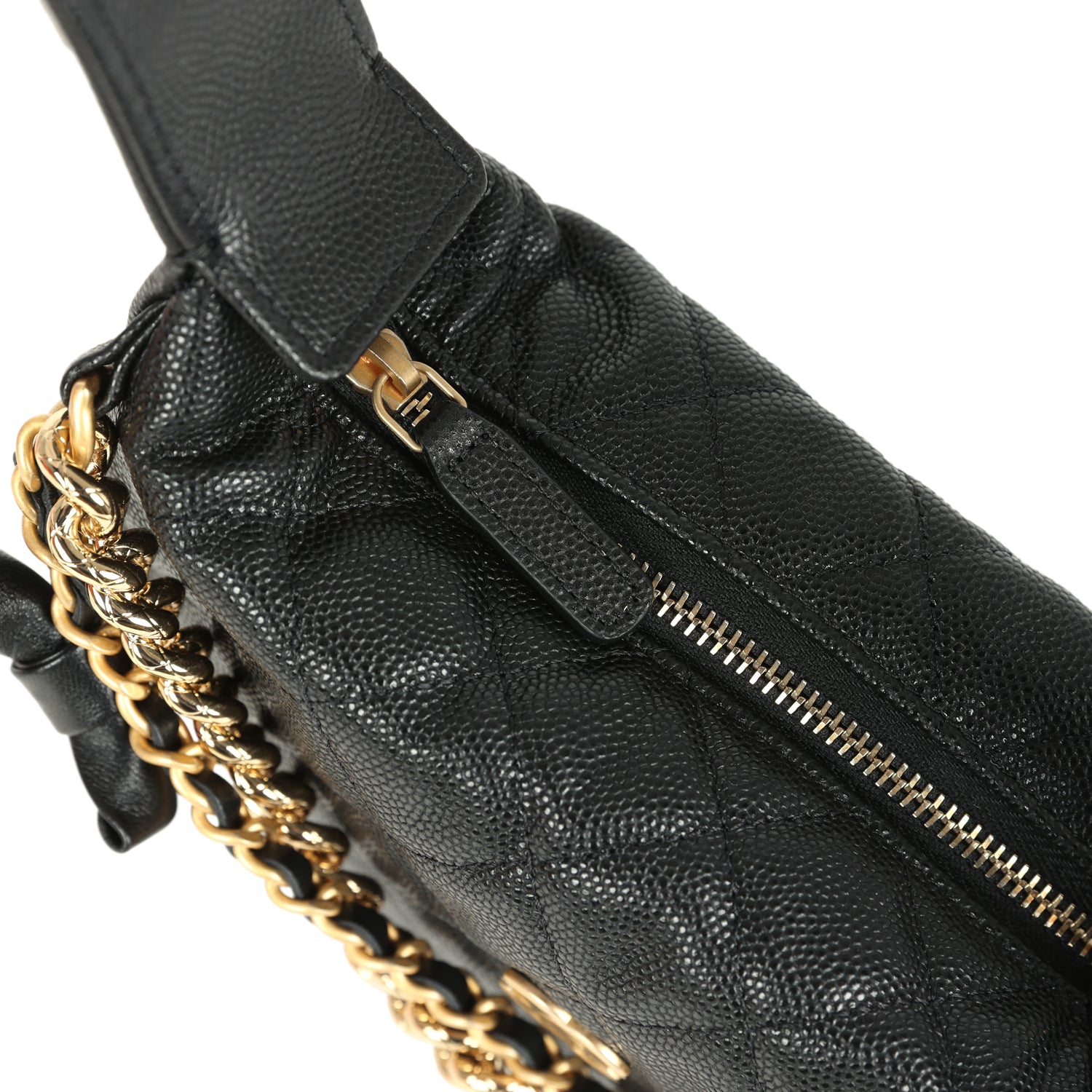 Mini Round Hobo Pouch Bag Black Shiny Caviar Mixed Metal Hardware