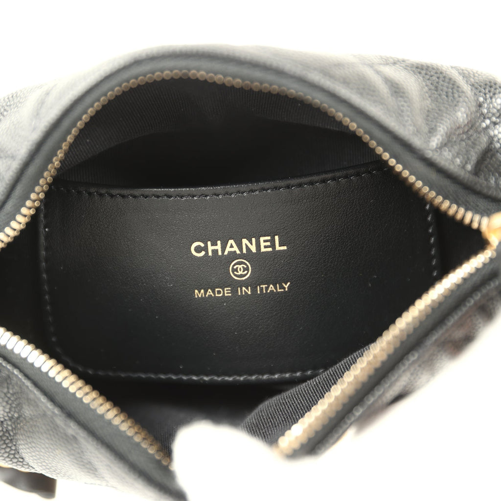 Mini Round Hobo Pouch Bag Black Shiny Caviar Mixed Metal Hardware