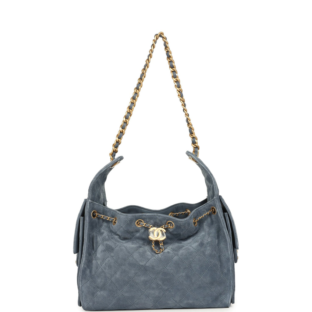 Small 25 Hobo Bag Blue Suede Antique Gold Hardware