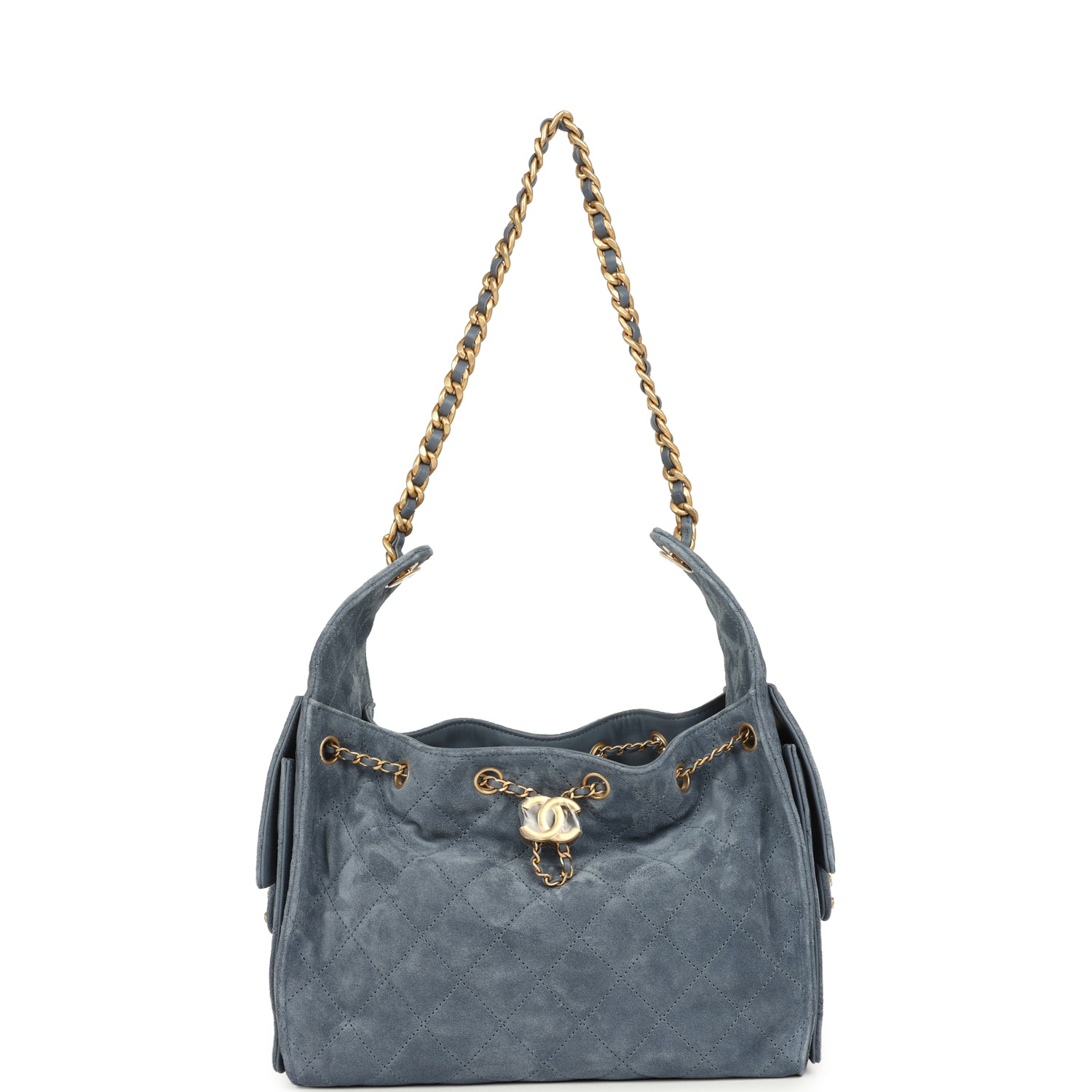 Small 25 Hobo Bag Blue Suede Antique Gold Hardware