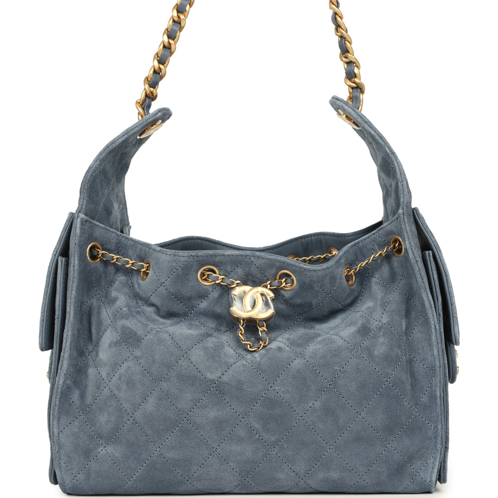 Small 25 Hobo Bag Blue Suede Antique Gold Hardware
