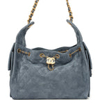 Small 25 Hobo Bag Blue Suede Antique Gold Hardware