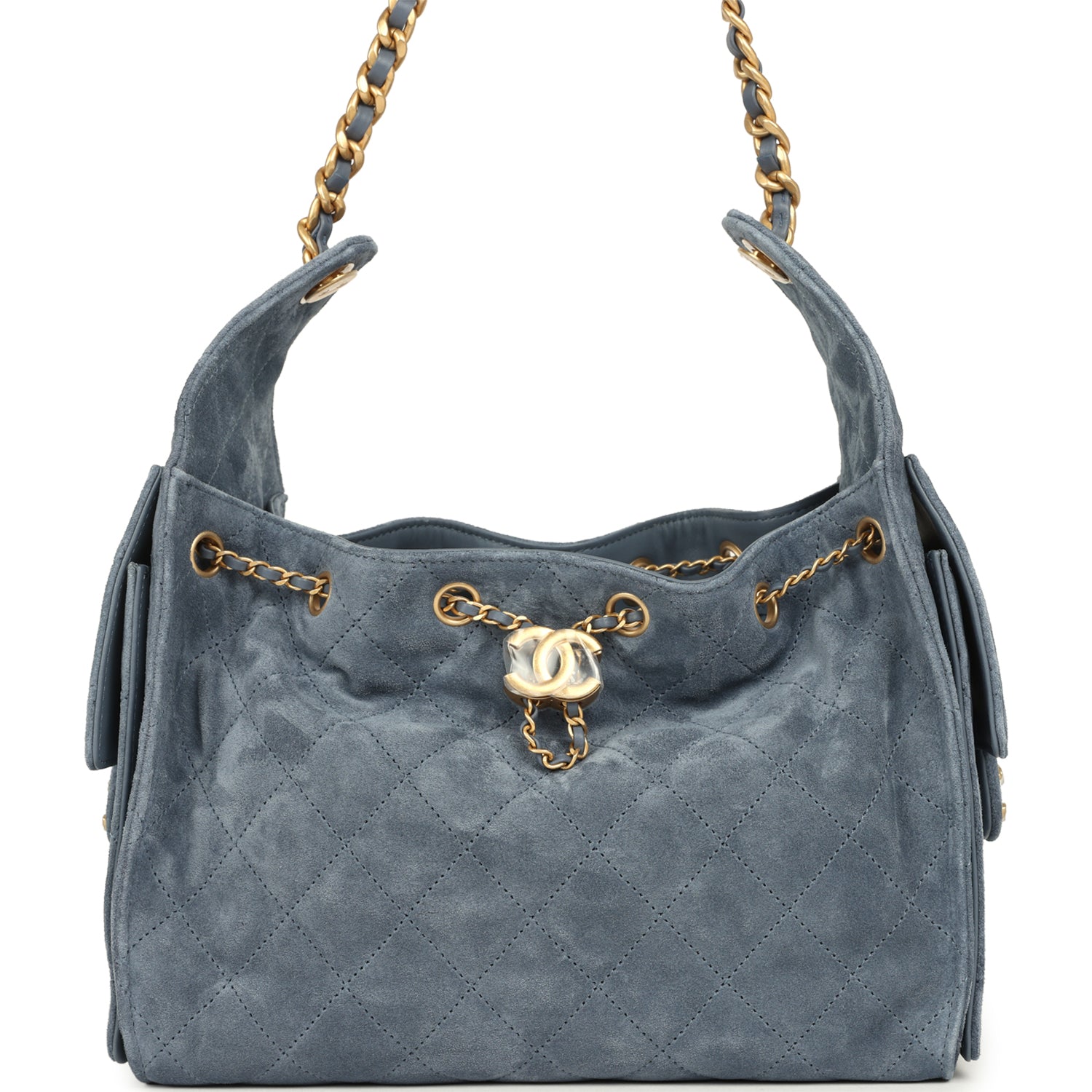 Small 25 Hobo Bag Blue Suede Antique Gold Hardware