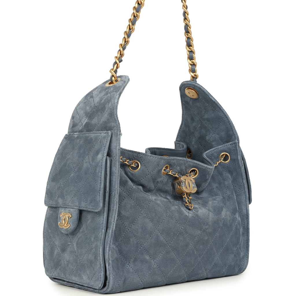 Small 25 Hobo Bag Blue Suede Antique Gold Hardware