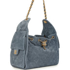 Small 25 Hobo Bag Blue Suede Antique Gold Hardware