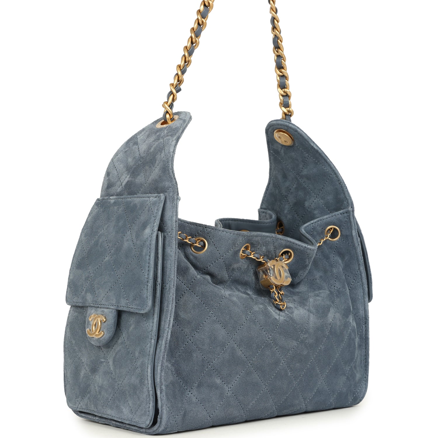 Small 25 Hobo Bag Blue Suede Antique Gold Hardware