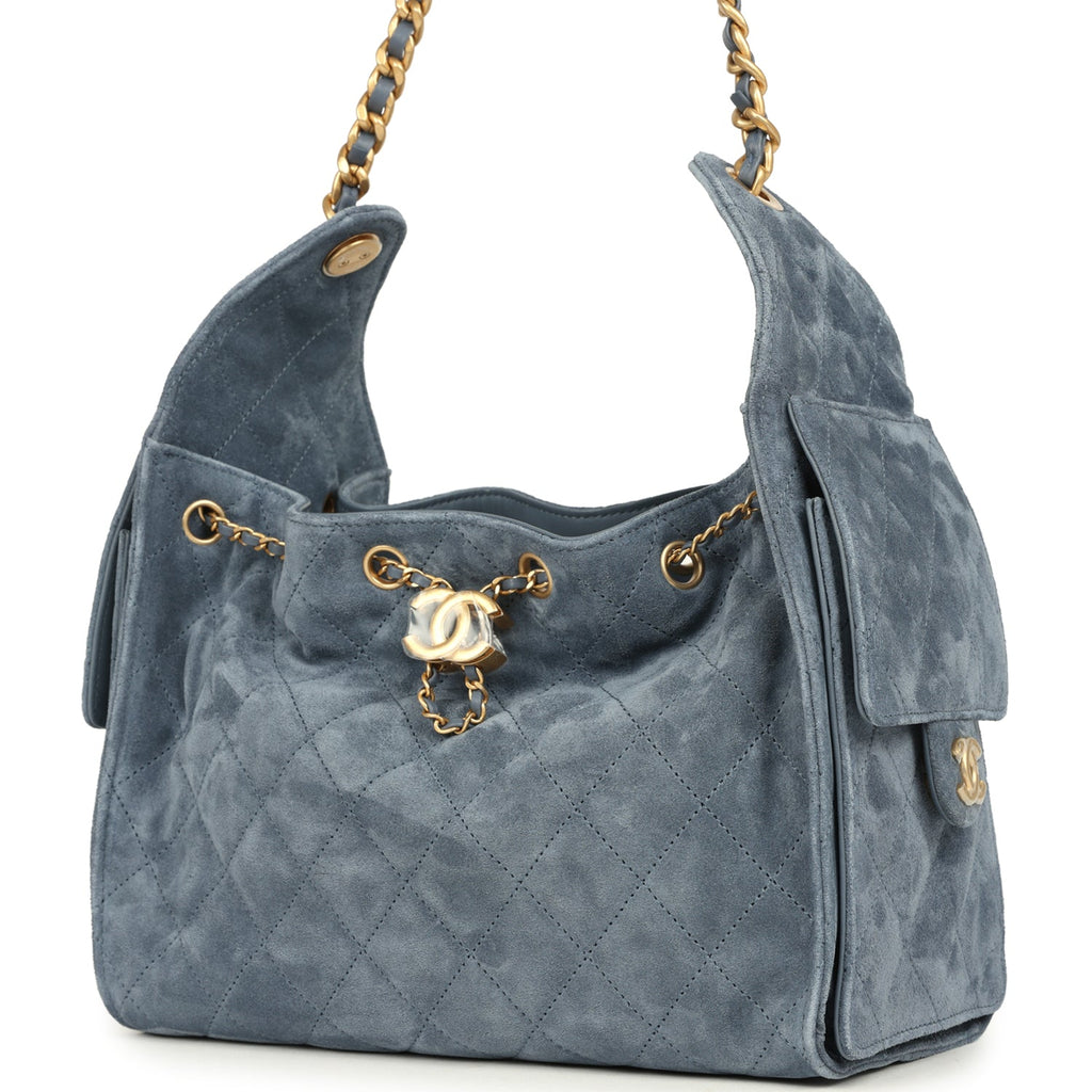 Small 25 Hobo Bag Blue Suede Antique Gold Hardware