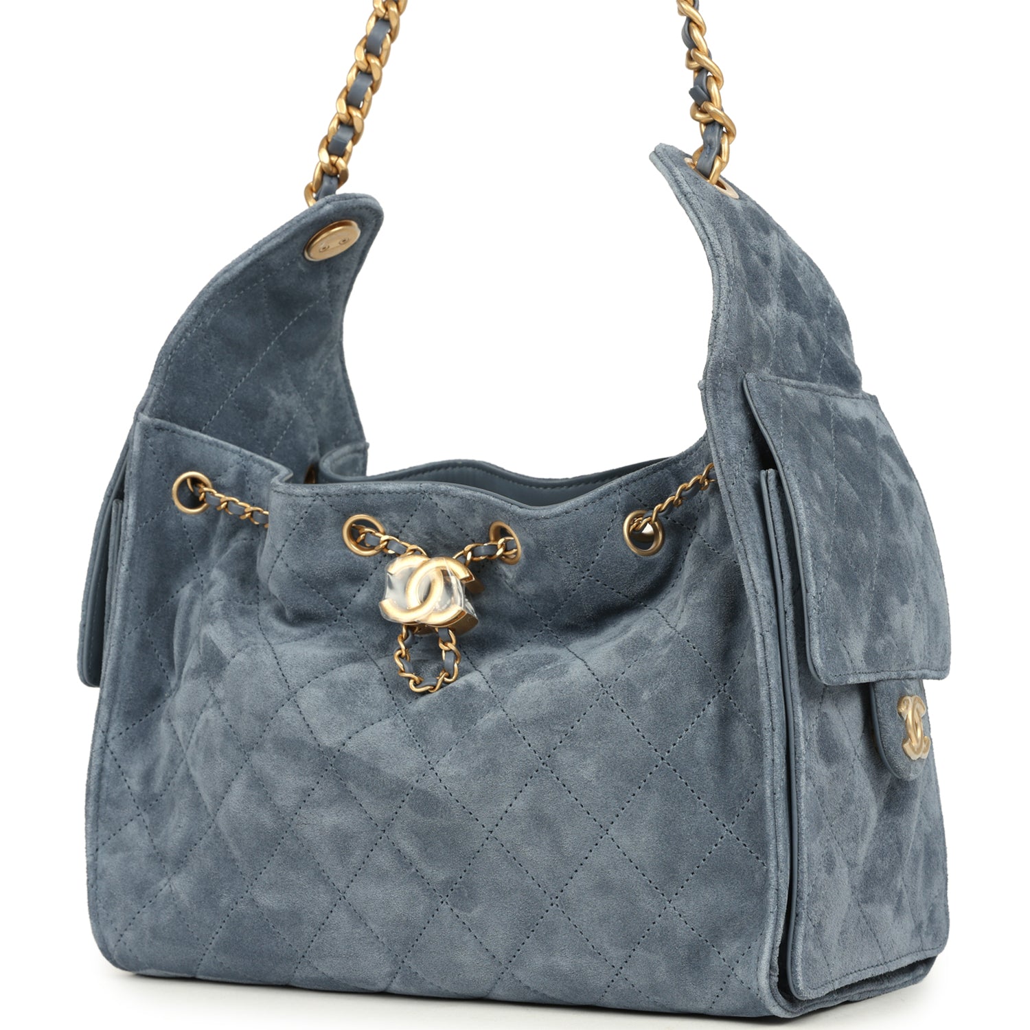 Small 25 Hobo Bag Blue Suede Antique Gold Hardware