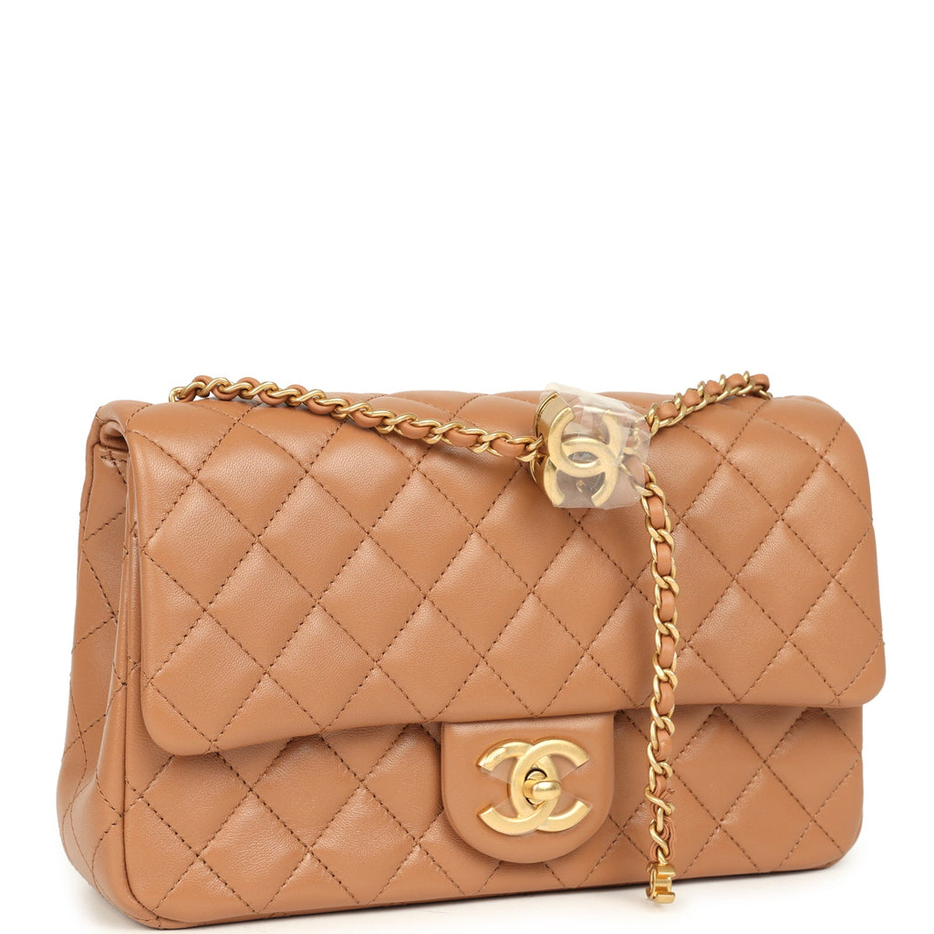 Small CC Crush Flap Bag Caramel Lambskin Brushed Gold Hardware