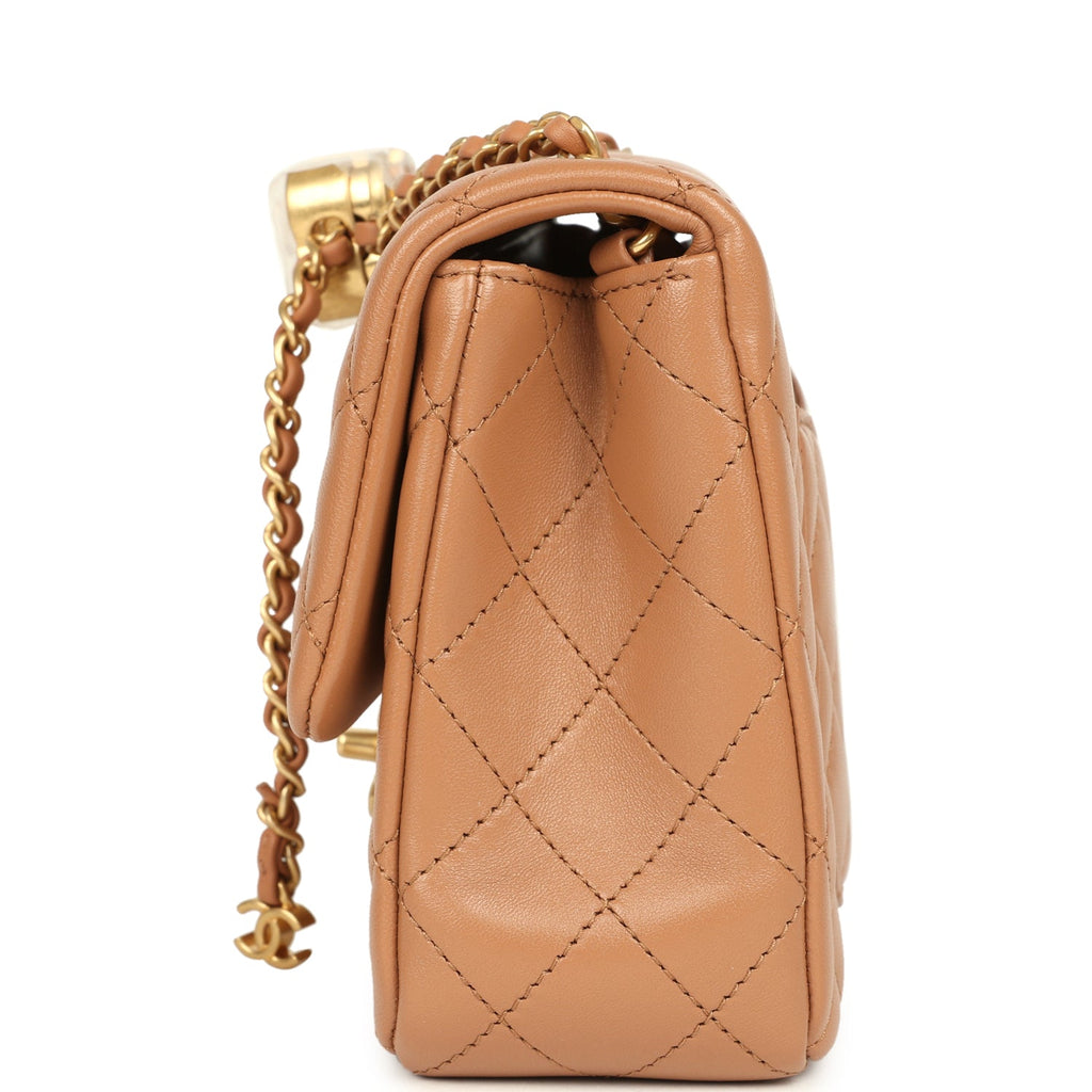 Small CC Crush Flap Bag Caramel Lambskin Brushed Gold Hardware