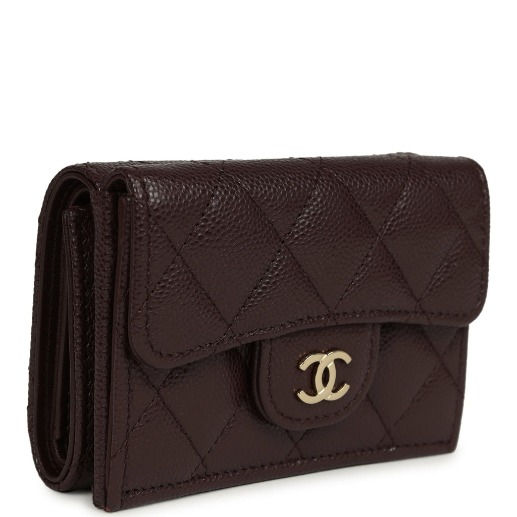 Small Classic Flap Wallet Dark Brown Shiny Caviar Light Gold Hardware